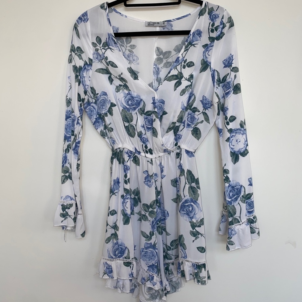 Blue and white floral romper